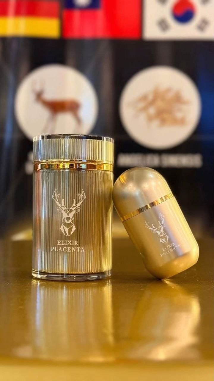 Elixir Placenta gold bottle and capsule-shaped container
