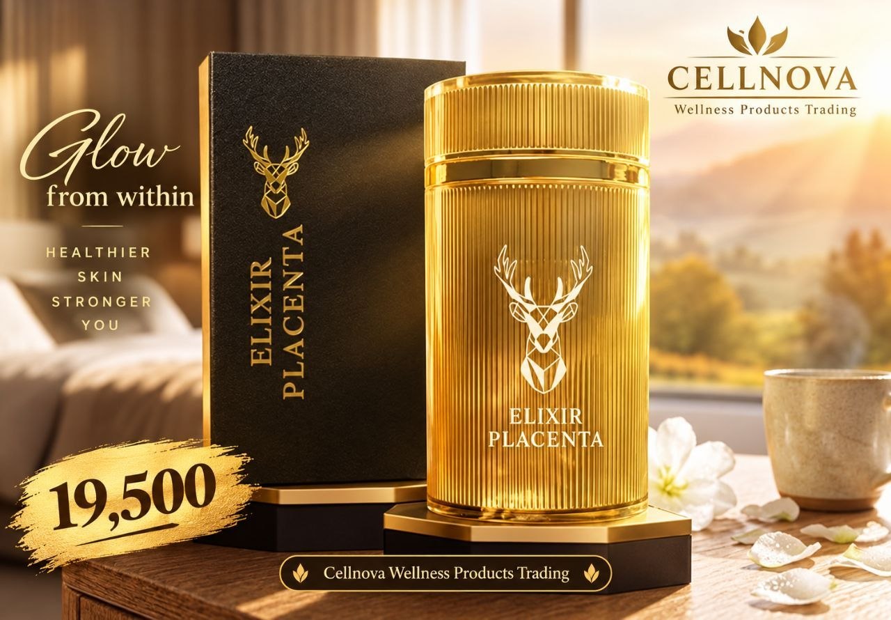 CellNova Elixir Placenta promotional banner with gold bottle, box, and 19,500 price
